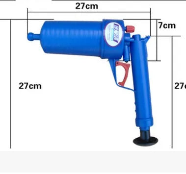 Plastic high-pressure drain blaster gun with handle and four different sized adaptor suckers for sink and toilet unblocking