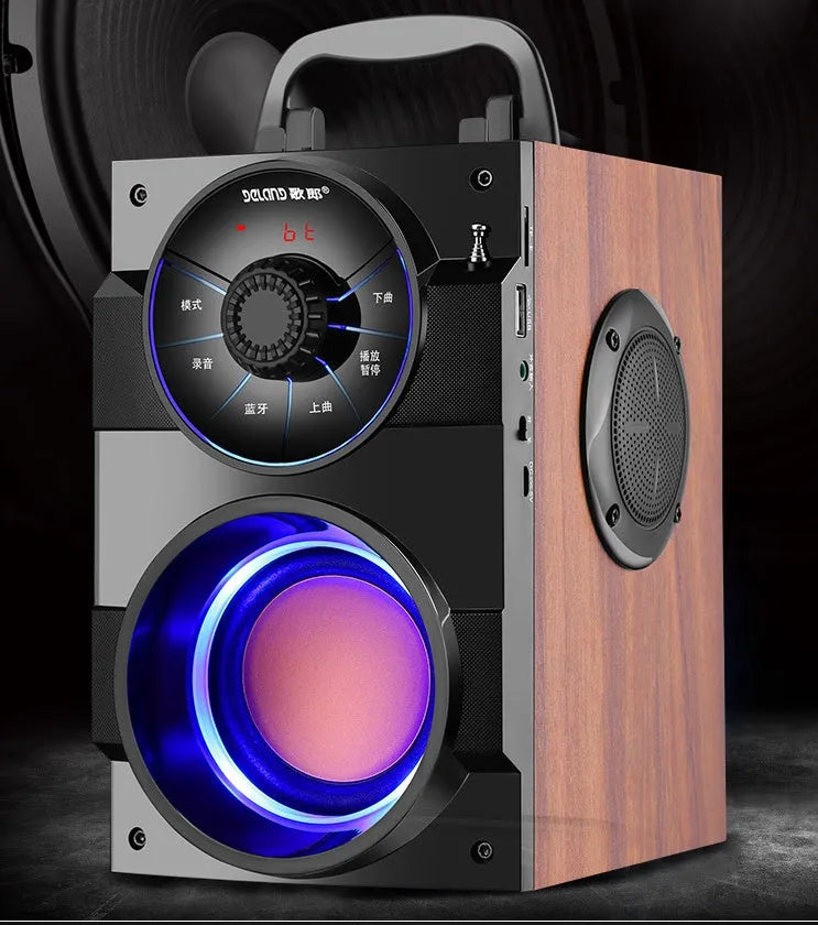 Black portable mini home audio system with subwoofer, USB cable, and 1.2m audio cable.