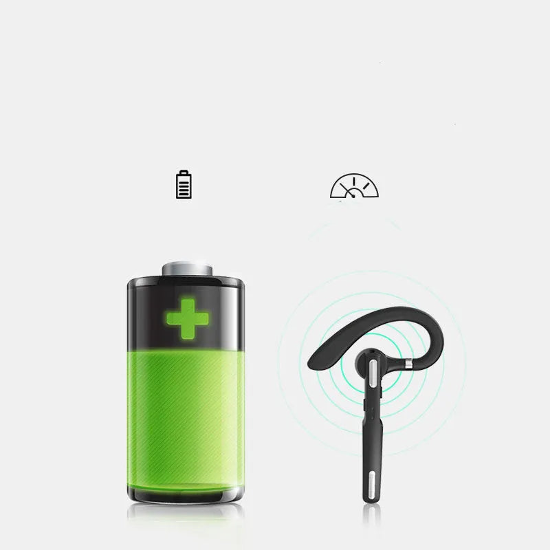 Black mono Bluetooth headset with hanging ear hook and IPX6 waterproof rating.