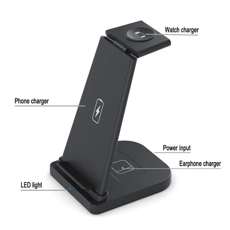Foldable three-in-one wireless charger for mobile phone, headphones and smartwatch charging