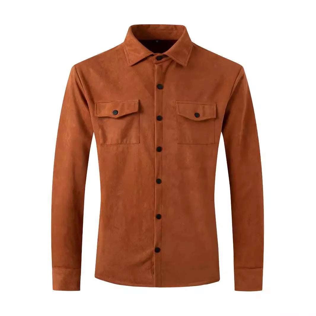 Men's turn-down collar casual jacket in solid colour with thickened suede fleece fabric, 3D patch pockets, and loose fit, available in grey, burgundy, black, and other colours.