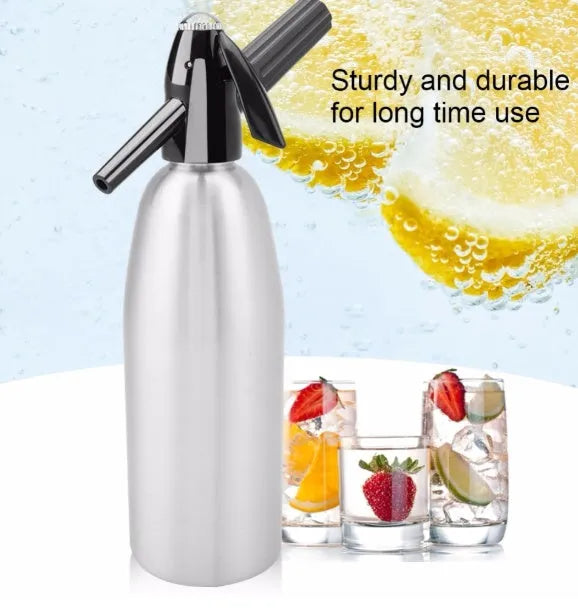 Silver portable 1-litre aluminium alloy soda maker with pressure regulator and safe cover