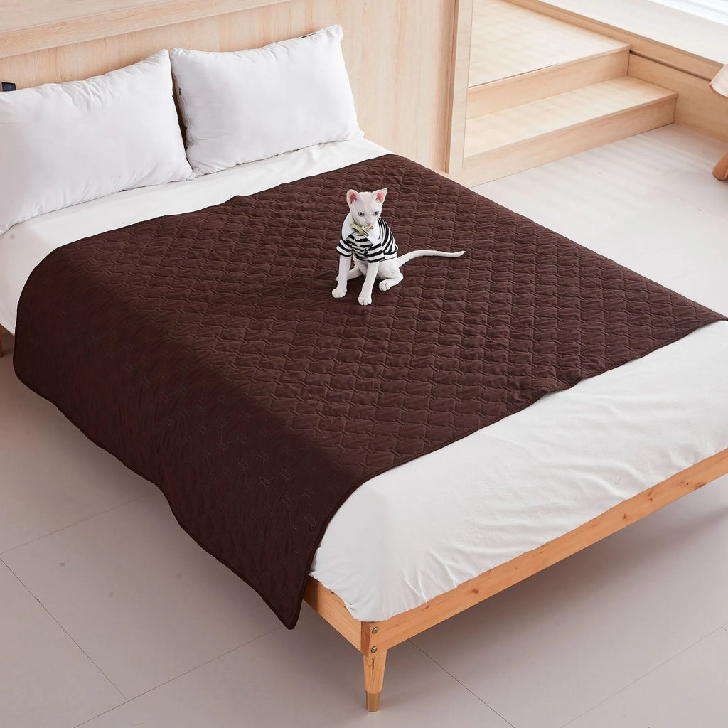Waterproof non-slip pet mattress in dark grey, light grey, khaki, or brown, cloth material, sizes from 100x127 to 200x305