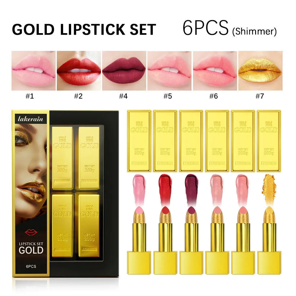 Gold brick tube design lipstick kit with 6 colour lipsticks in a set