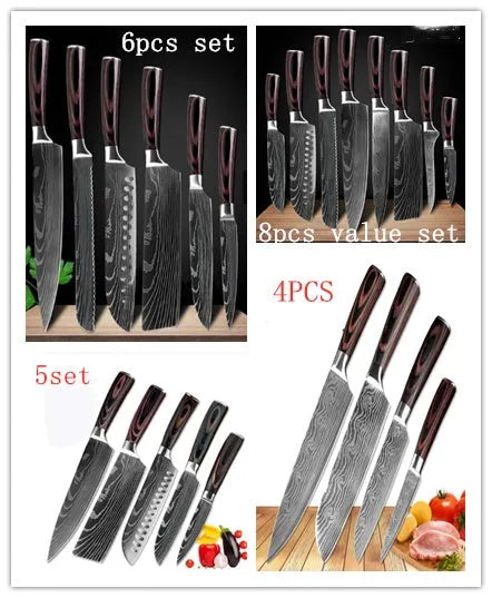 7Cr17 stainless steel kitchen knife with laser Damascus pattern on blade and colour steel handle.