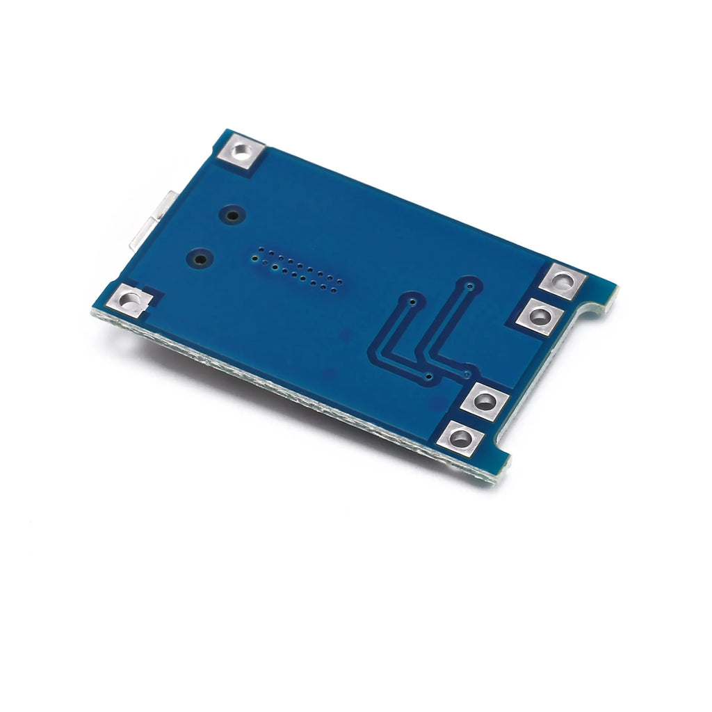 Small blue PCB for lithium battery charging and protection, showing solder pads for input, battery, and output.