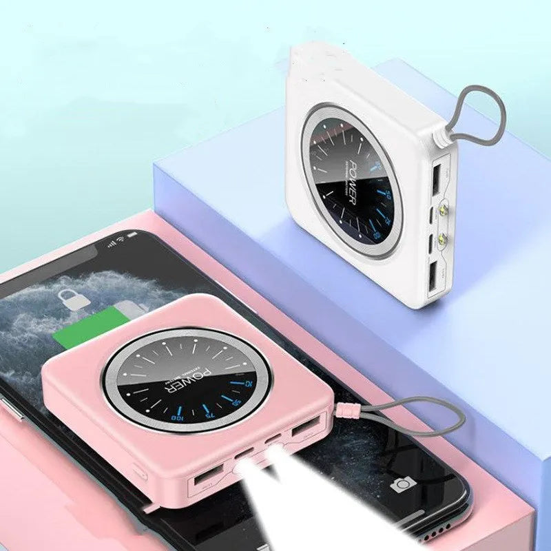 Compact alloy-cased portable power bank in mint green with multiple USB output ports on a white background.