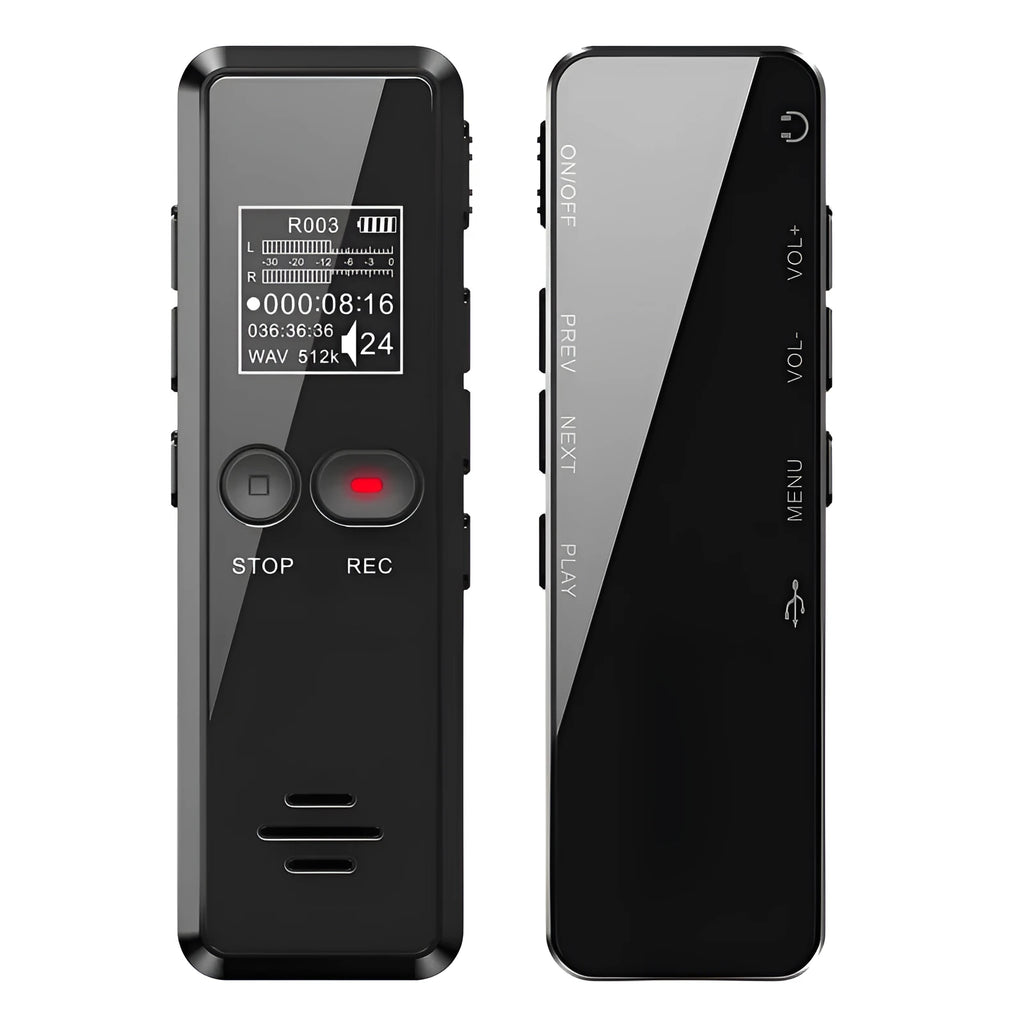Black USB flash drive MP3 voice recorder with zinc alloy shell showing LCD display and controls