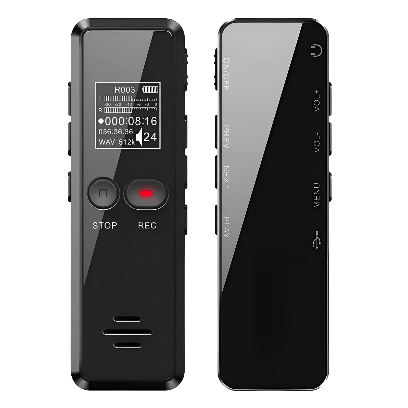 Black USB flash drive MP3 voice recorder with zinc alloy shell showing LCD display and controls