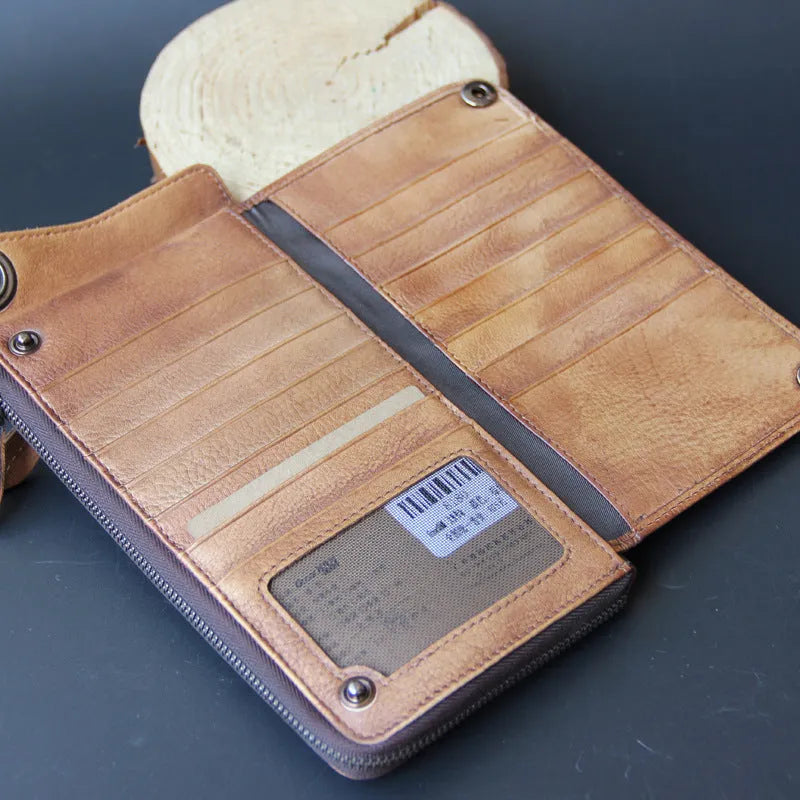 Retro long wallet handbag in bark brown first layer cowhide with 13 card slots and zipper bill pocket