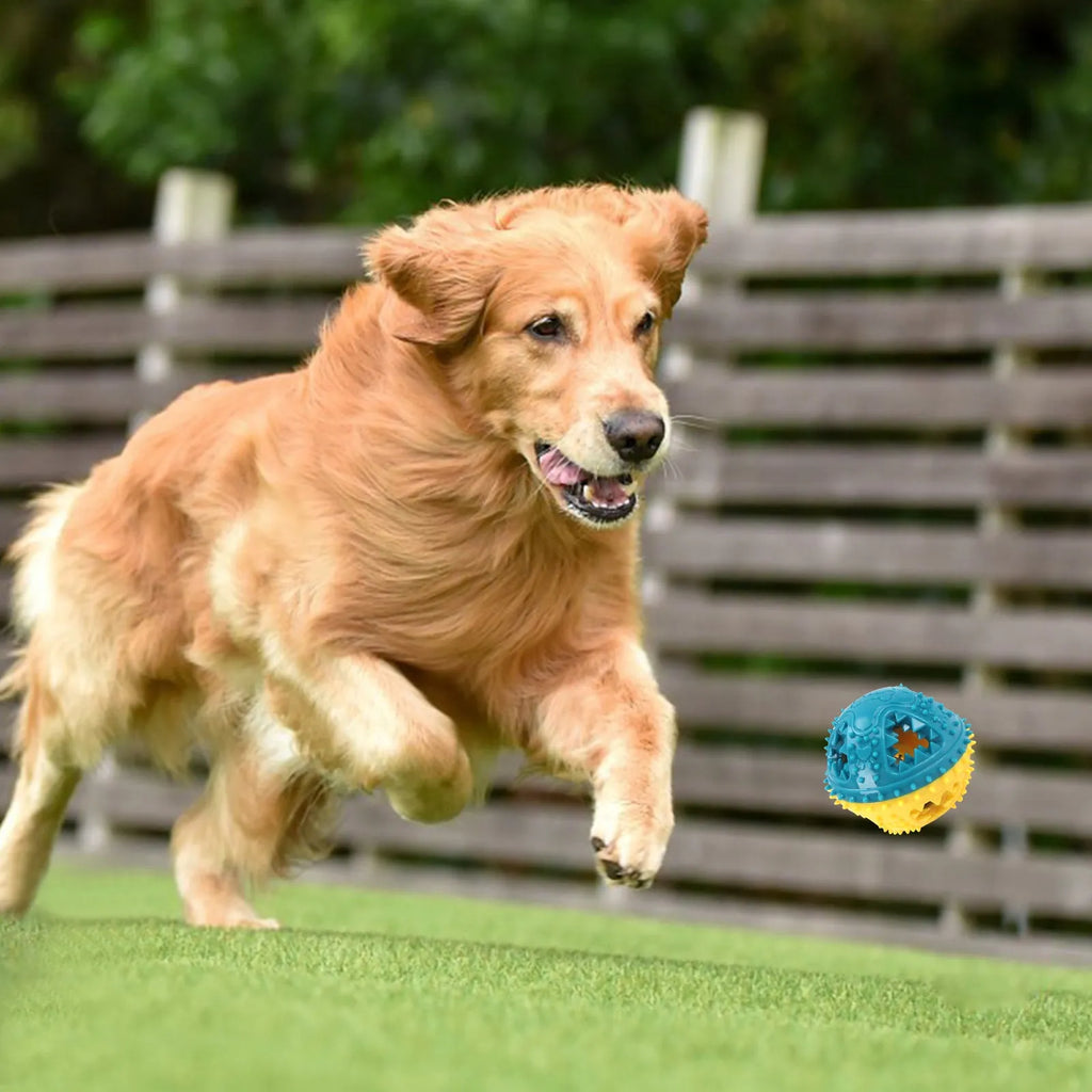 Dog chew toy ball with red and yellow colour, 8.4 cm, featuring bell and treat leakage holes