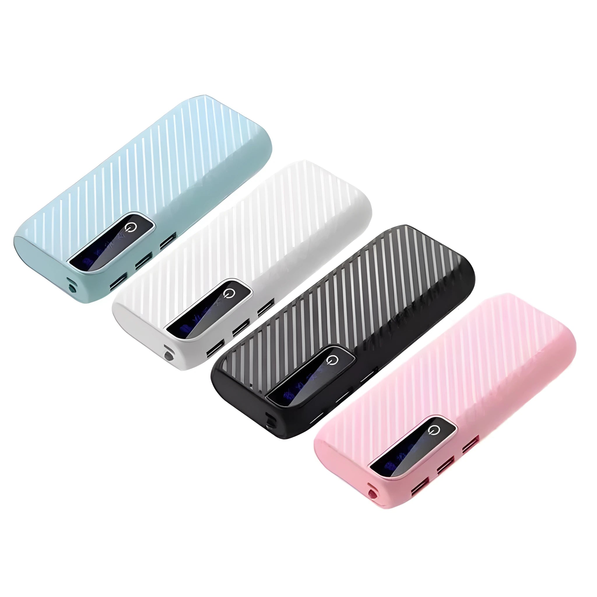 Compact 20000mAh portable power bank showing colour options including black, blue, pink and white