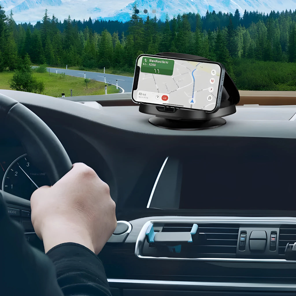 Black rotating suction cup car phone holder mounted on a car windscreen
