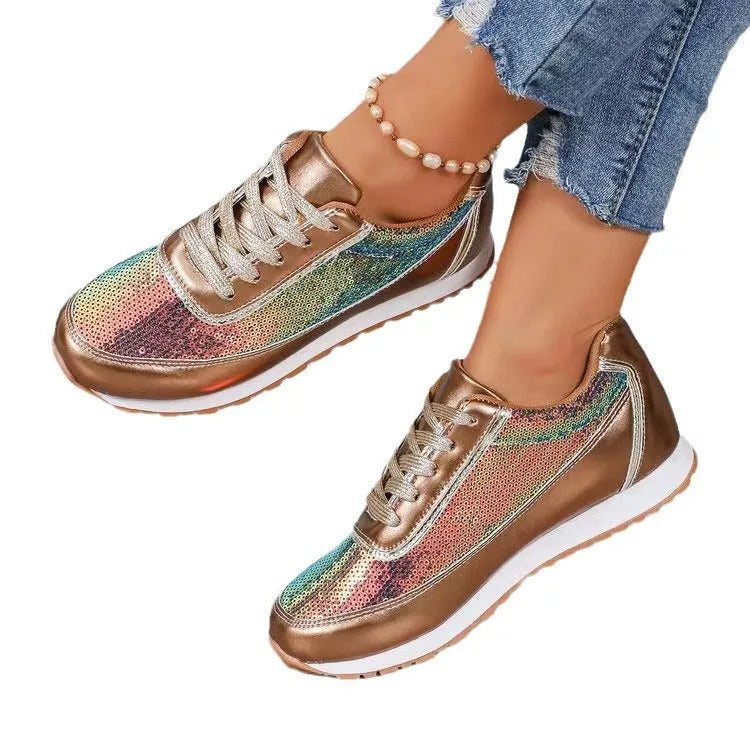 Women's thick-soled casual sneakers in PU leather with square toe design in black, silver, and champagne colours