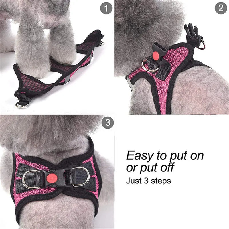 Reflective nylon dog leash with traction belt and chest strap in black and pink, sizes S to XL.