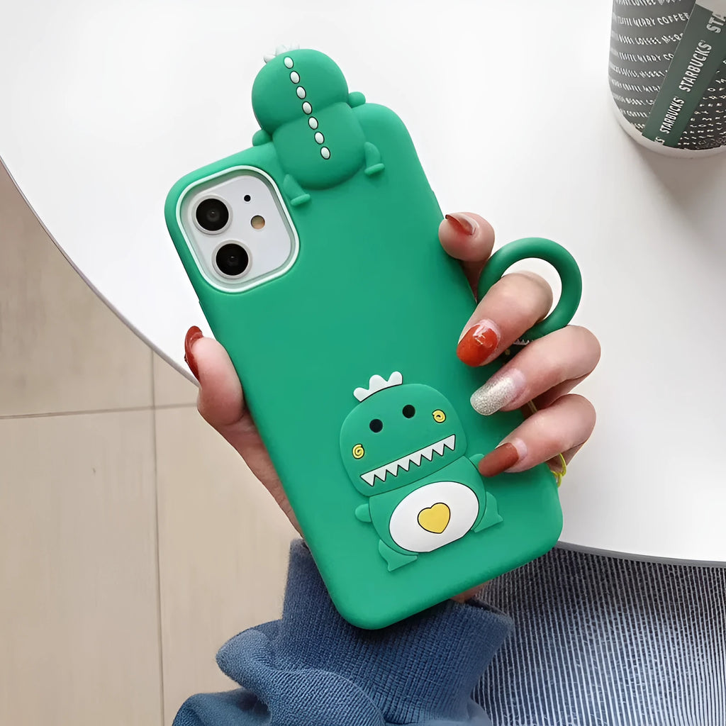 Green silicone iPhone case with cartoon animal design showing back and side protection