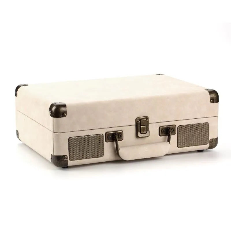 Portable Bluetooth record player in a leather-textured suitcase case, shown in a selection of colours.