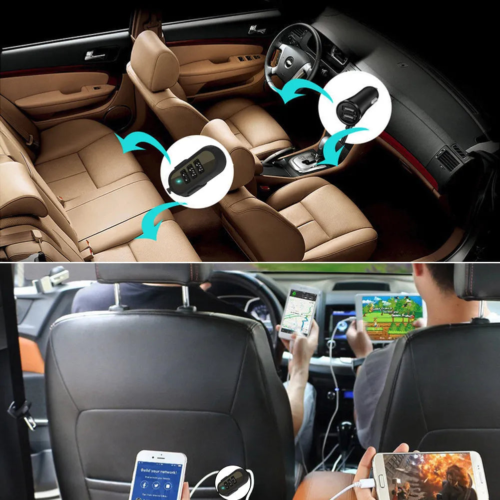 Black and white car rear seat charger with 6.8A USB output, 12-24V input and ABS PC housing