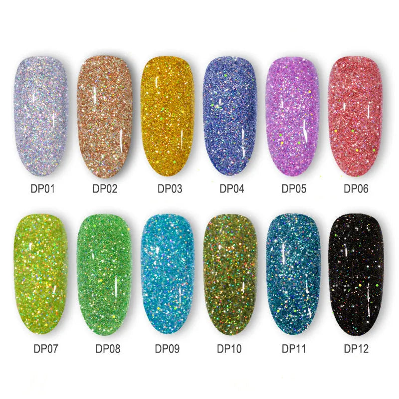 Laser glitter nail powder in a dish with a brush, showing sparkling particles for dip application