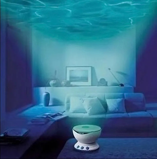 Blue ocean-themed LED projection lamp for children's rooms and play areas.