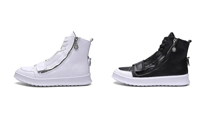Men's black and white PU leather high-top ankle boots for winter, shown with size chart.