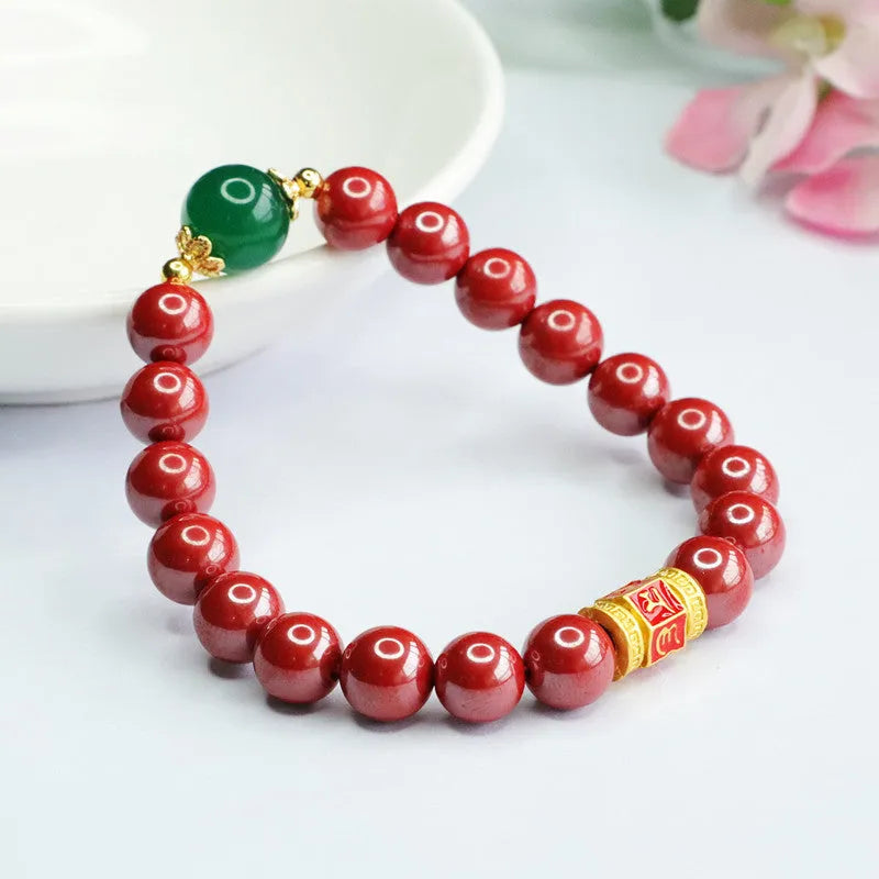 Emperor sandstone cinnabar bracelet with six-word motto engraving showing electroplated finish