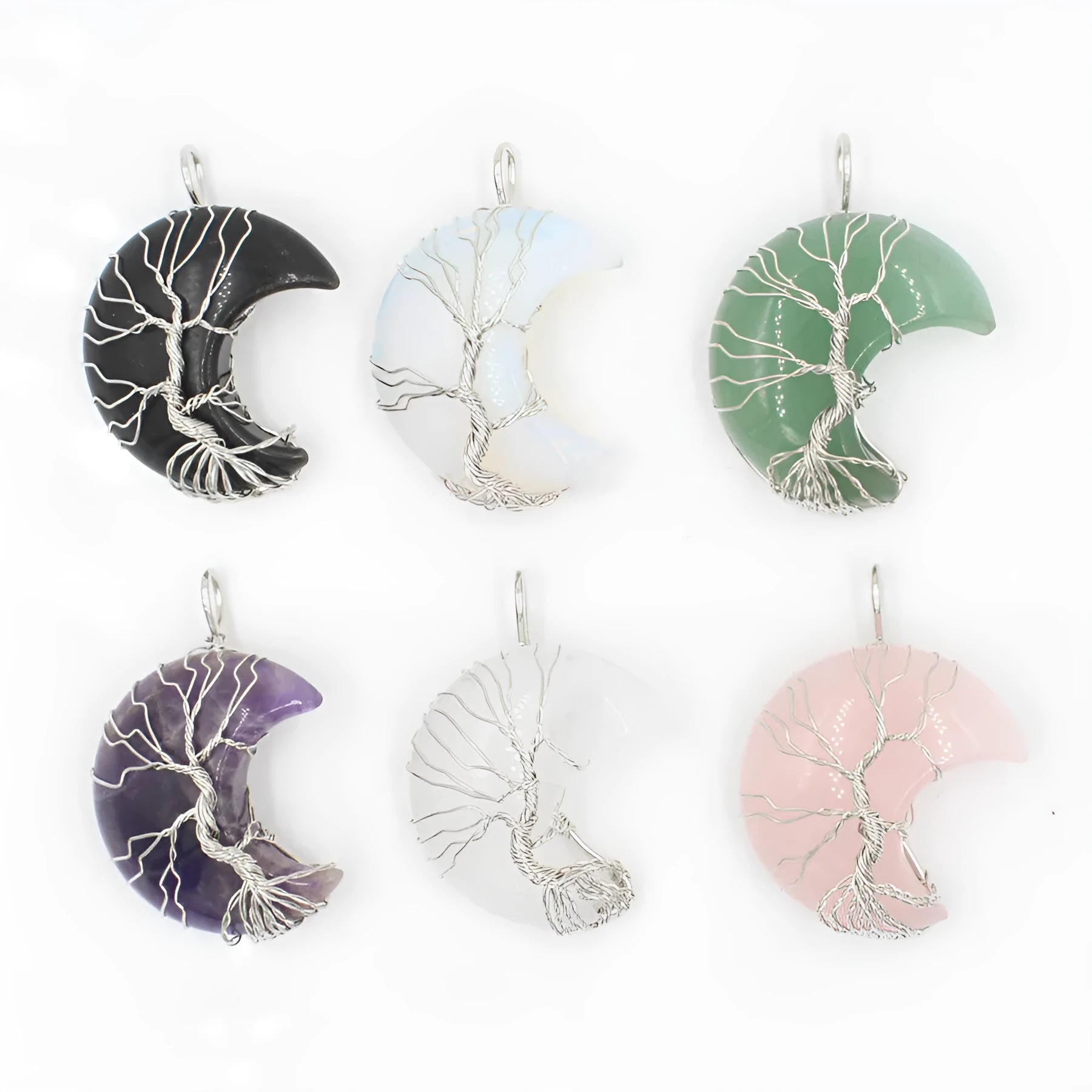 Natural crystal crooked moon pendant necklace set with matching chain, available in multiple colour options.