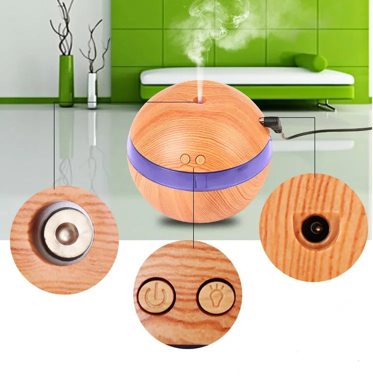Essential oil diffuser humidifier with 300ml tank and USB power, 110x110x90mm, ABS material