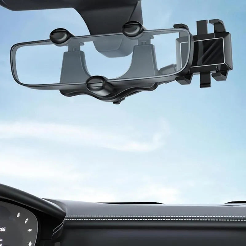 Black rearview mirror car phone holder showing 360-degree rotation and telescopic arm extended.