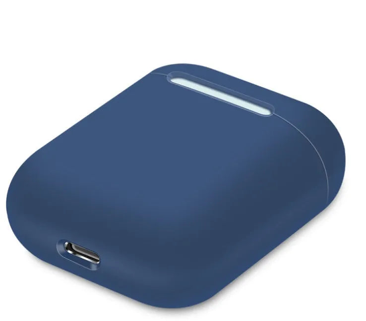 Silicone protective sleeve for Apple AirPods charging case shown in a selection of solid colours including black, blue, and pink.