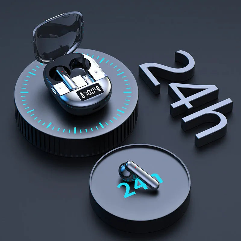 Black and white wireless Bluetooth in-ear headphones with digital display showing battery level