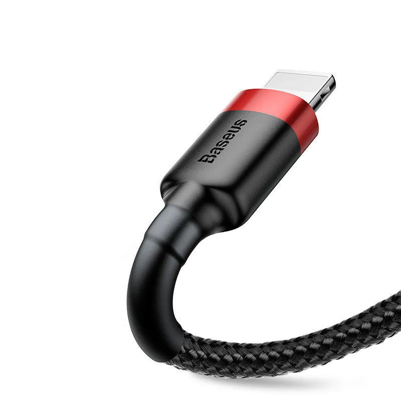 Braided nylon Lightning charging cable for iPhone in red and black colour option, showing 1m length.