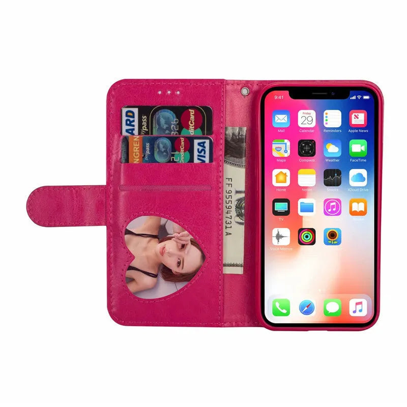 PU leather zipper phone case for iPhone showing front flap closure and card storage slots