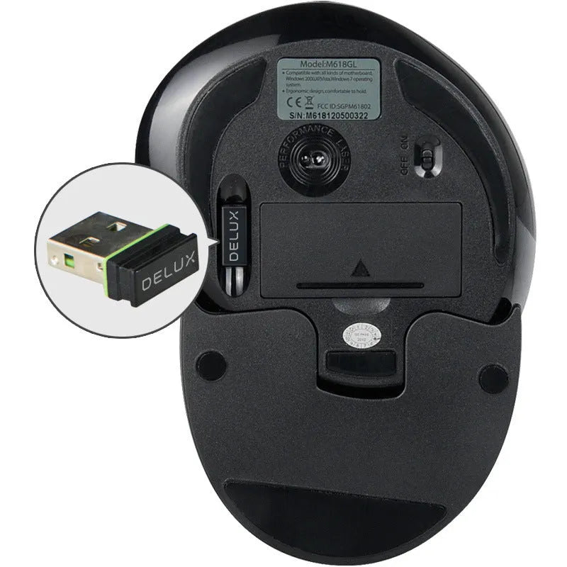 Black M618 wireless vertical ergonomic mouse shown at a 57-degree angle on a wooden desk.