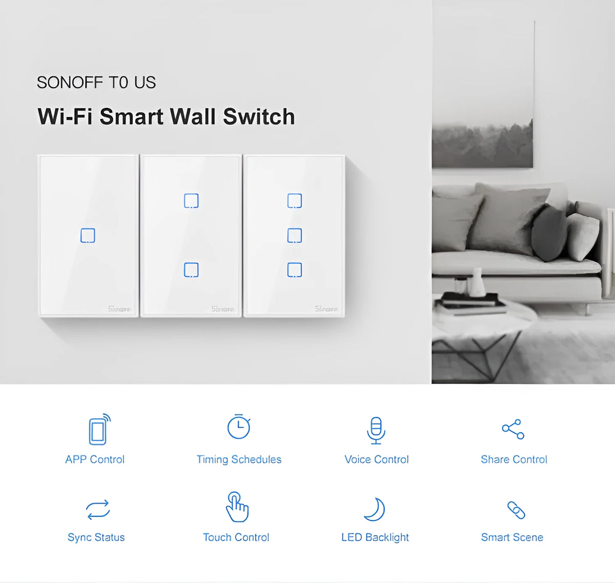 Smart wall switch with tempered glass panel, touch control, 220-250V 10A rating and 120mm mounting hole distance