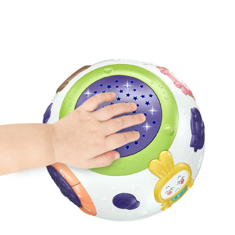 White starry sky night light projector for children showing control button and projection pattern