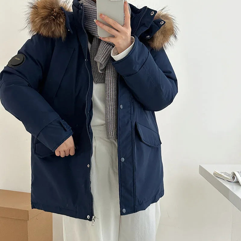 Mid-length hooded loose thickened cotton-padded coat with fur collar in black for women