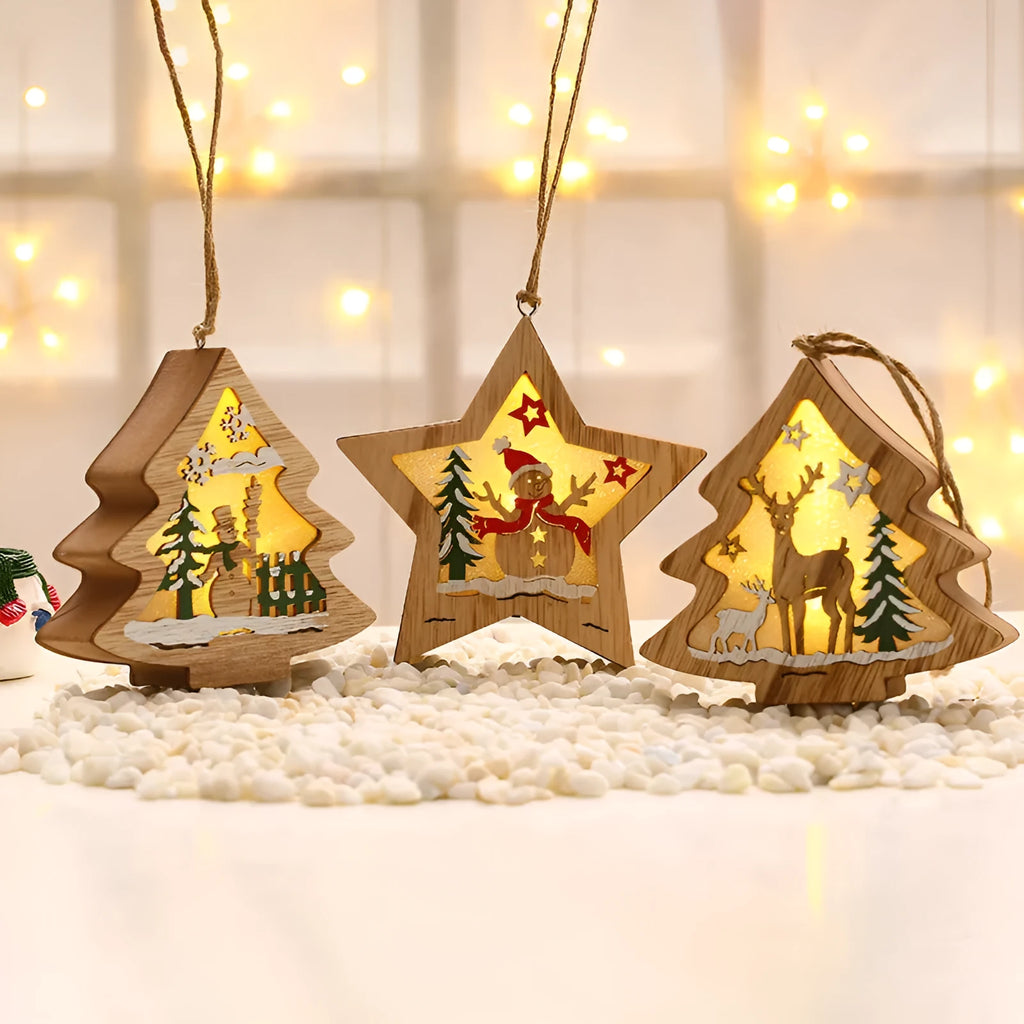 Laser-cut wooden Christmas decorations in polychromatic old man, snowman, deer and five-star snowman shapes