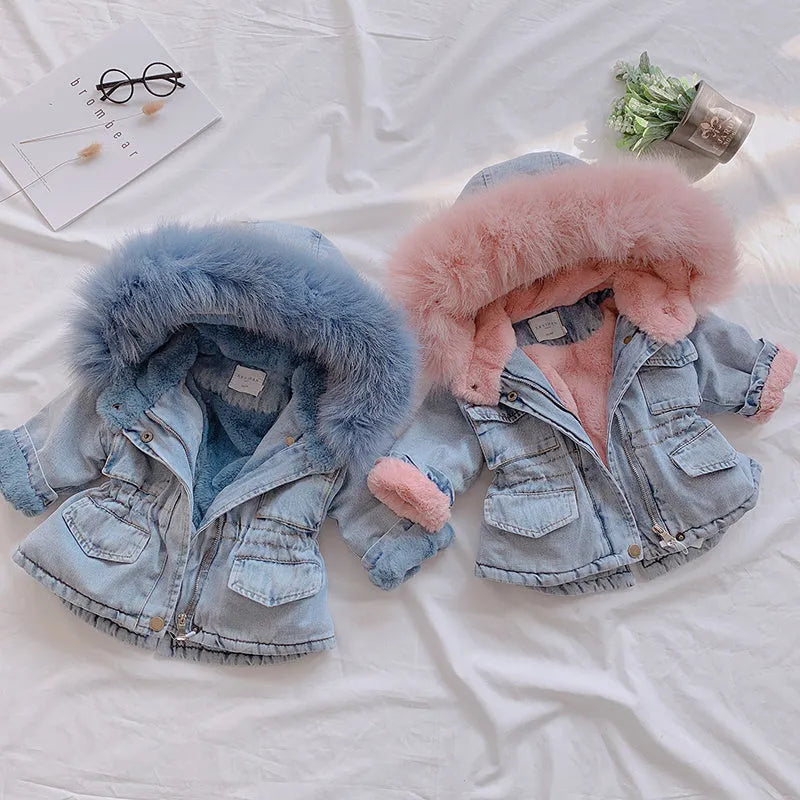 Blue denim coat for girls with attached hood and plus velvet lining shown with size tags