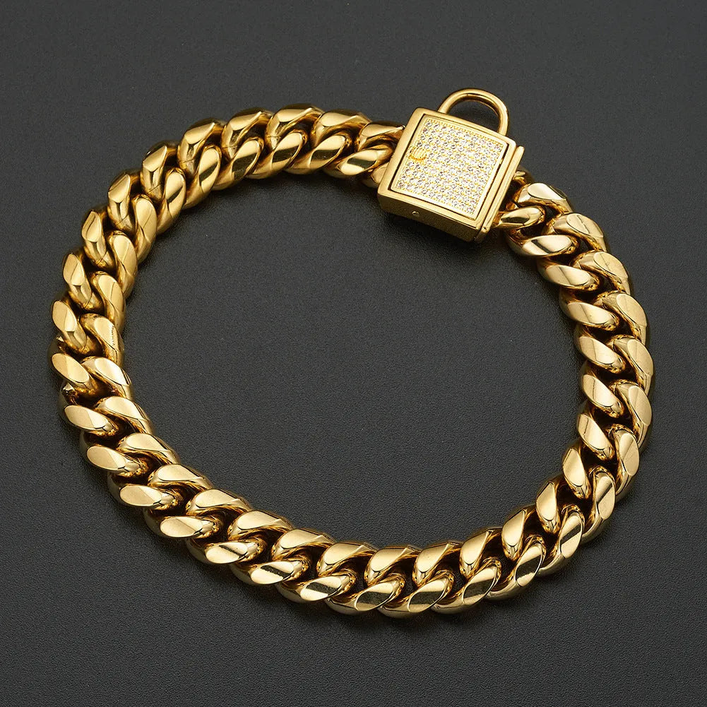 Gold stainless steel titanium steel encryption chain necklace 30mm wide on display