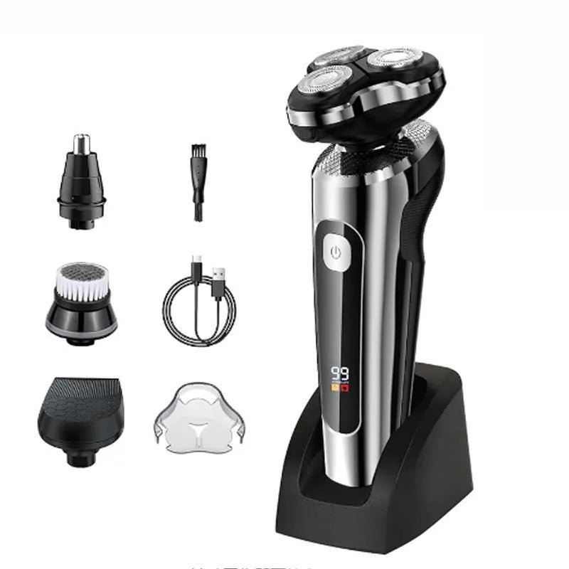 Black USB rechargeable beard trimmer with LED display on a digital display base.