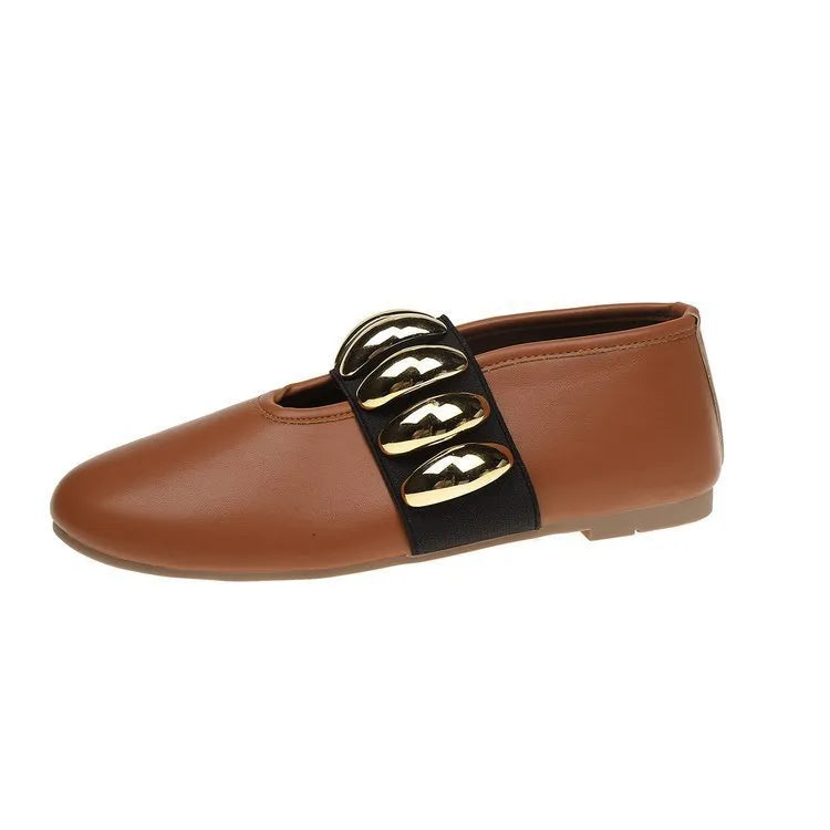Women's brown artificial PU slip-on loafers with metal buckle and sequin decoration on front