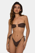 Brown women's tube-top bikini with adjustable halter neck strap and ring detail, shown with a split bottom.