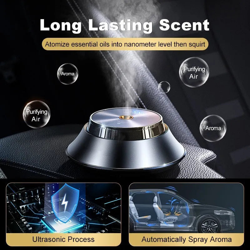Black metal butterfly-style car aromatherapy machine with USB cable and bottle of essential oil