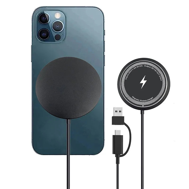 Silver gray 1-to-2 PD magnetic wireless charger with Type-C input and two charging pads on a desk