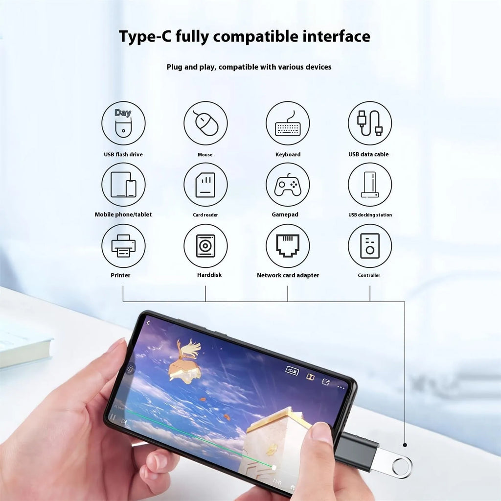 USB C male to USB A female converter adapter with metallic zinc alloy shell in various colour options.