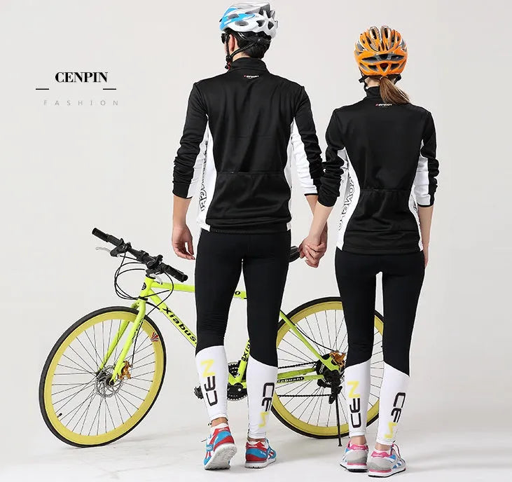 Long-sleeved polyester cycling suit for men and women in black or yellow, with jersey and trousers, sizes M to XXL