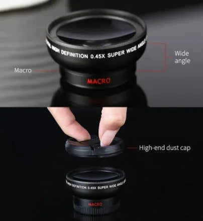 Black mobile phone wide-angle macro lens with aluminium alloy and optical glass, 0.45X and 10x magnification