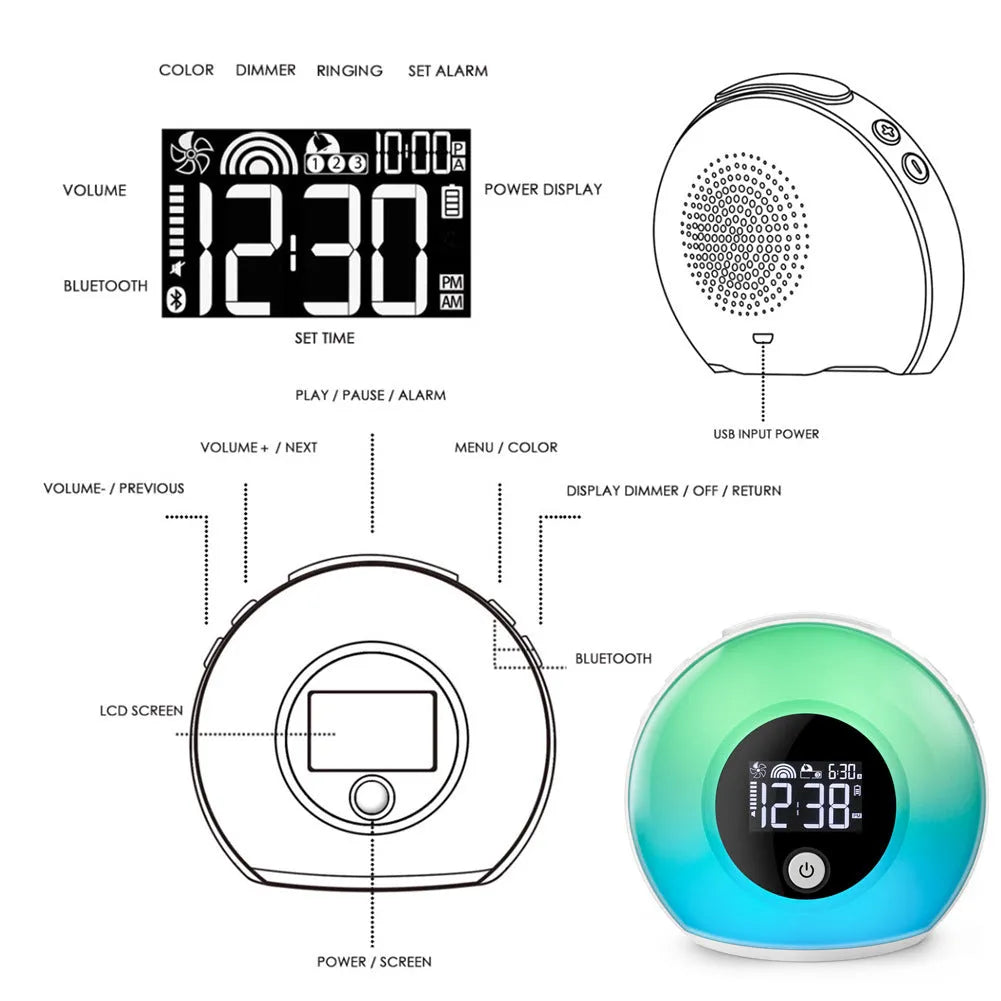 Digital music alarm clock with VA LCD display, Bluetooth 5.0 speaker, and fluorescent lighting effects in colourful mode