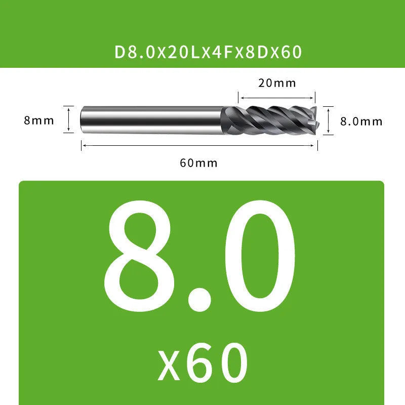 4-blade tungsten steel end mill for CNC machining with size specifications